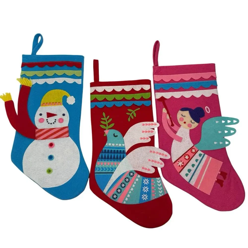 Target Christmas Stockings Felt Set of 3 Snowman Bird‎ Fairy Angel Pink Red Blue